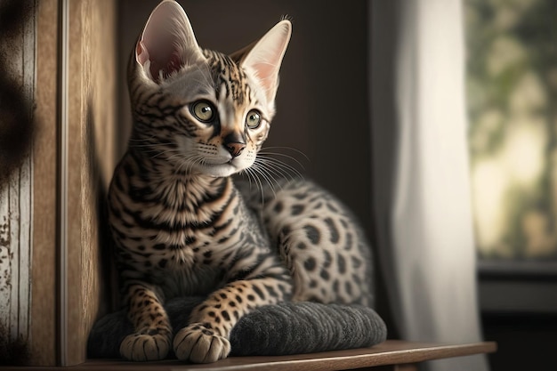 Młody, uroczy kociak bengalski wyleguje się w domu na pluszowej półce dla kotów