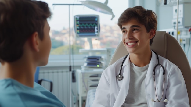 Młody uśmiechnięty lekarz rozmawiający z pacjentem w szpitalnym pokoju