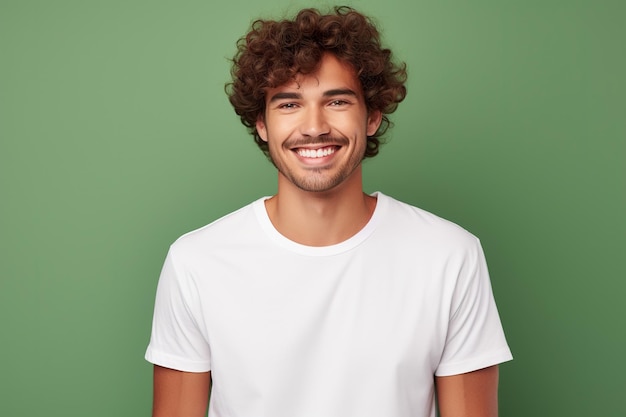 Młody uśmiechnięty mężczyzna rasy kaukaskiej ubrany w pustą białą koszulkę odizolowaną na zielonym tle