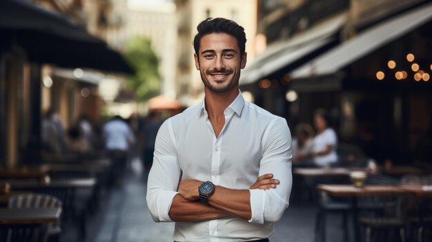 Młody uśmiechnięty profesjonalny arabski mężczyzna stojący na zewnątrz na ulicy i patrzący w kamerę