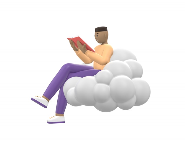 Młody wesoły facet na niebie na chmurze czyta książkę