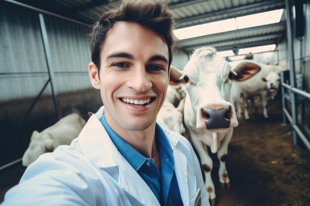 Zdjęcie młody weterynarz robi selfie z krową na farmie.