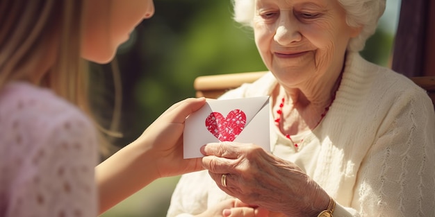 Młody wnuk pokazuje babci ręcznie robioną pocztówkę