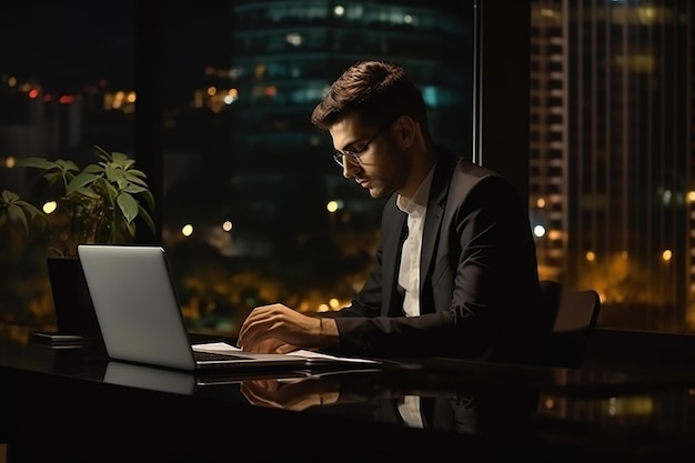 Młody, zajęty latynoski biznesmen pracujący na laptopie w nocy w ciemnym biurze korporacyjnym Profesjonalny menedżer biznesmen korzystający z komputera siedzącego przy stole z wieczornym widokiem na wielkie miasto