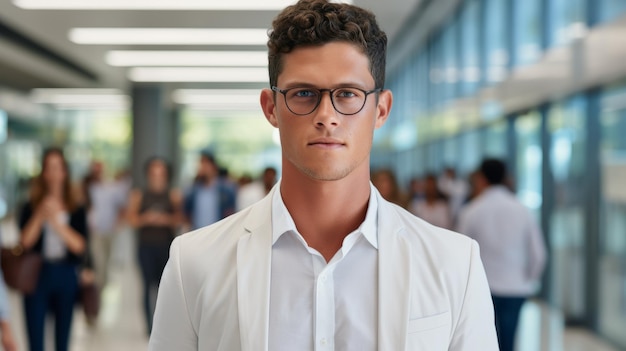 Młody zawodowy mężczyzna w okularach stoi w ruchliwym korytarzu biura