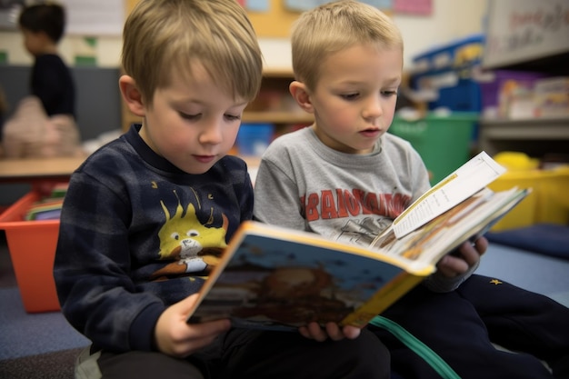 Młodzi chłopcy czytają w klasie książkę stworzoną za pomocą sztucznej inteligencji generatywnej