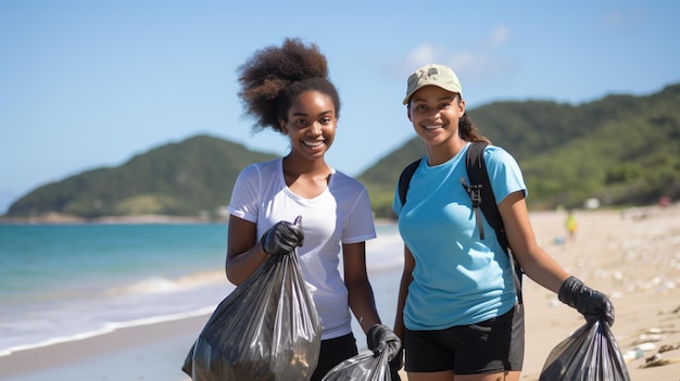 Młodzi chłopcy i dziewczęta recykling sprzątanie plaży pomagając lokalnej społeczności w zrównoważonym podróżowaniu