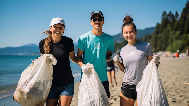 Młodzi chłopcy i dziewczęta recykling sprzątanie plaży pomagając lokalnej społeczności w zrównoważonym podróżowaniu