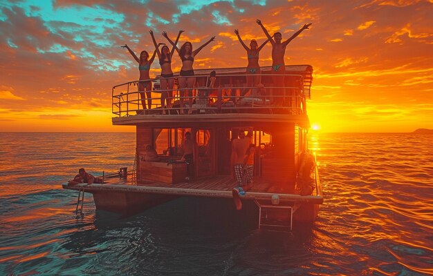 Młodzi dorośli, którzy są kumplami, skaczącymi w zachód słońca z letniej łodzi.