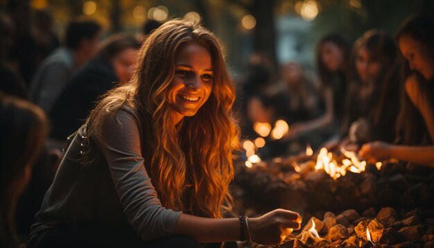 Zdjęcie młodzi dorośli siedzą na zewnątrz, uśmiechając się, ciesząc się świecącym ogniem generowanym przez sztuczną inteligencję.