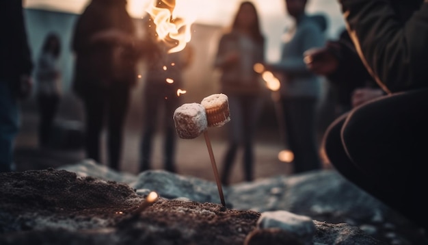 Zdjęcie młodzi dorośli trzymający pianki cieszą się zabawą przy ognisku generowaną przez sztuczną inteligencję