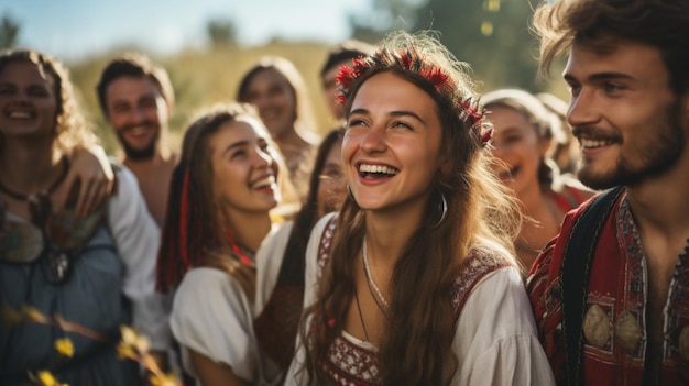 Zdjęcie młodzi dorośli uśmiechnięci świętują tradycyjny festiwal
