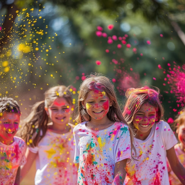 Młodzi indyjscy chłopcy i dziewczęta bawiący się w Holi Color Festival