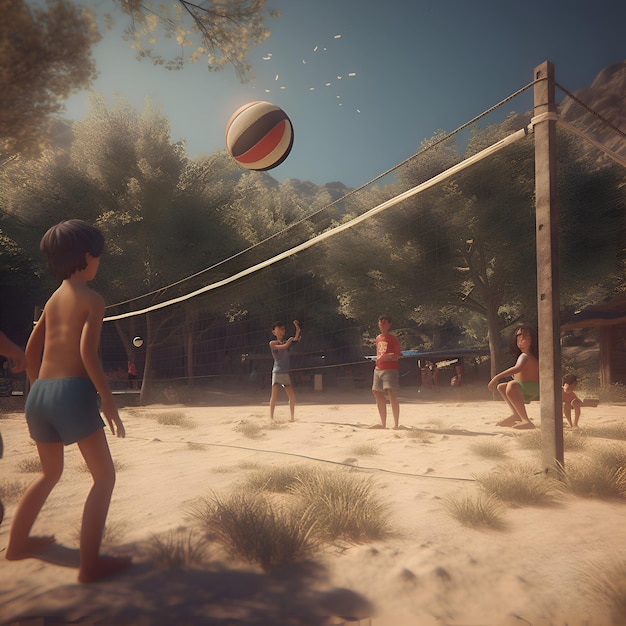 Zdjęcie młodzi ludzie grają w siatkówkę na plaży 3d render ilustracja