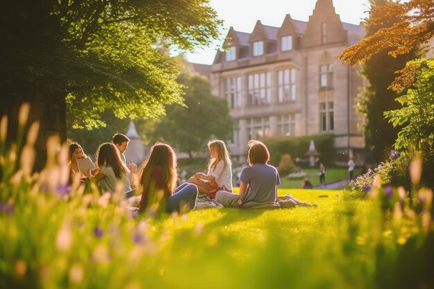 Młodzi ludzie siedzą z przyjaciółmi w ogrodzie uniwersyteckim Generative AI