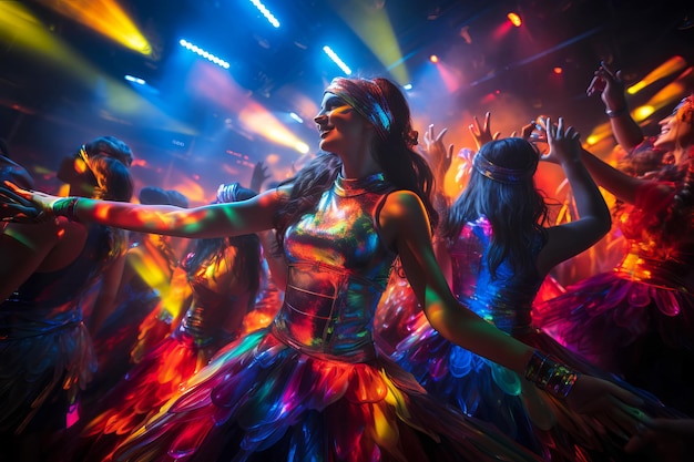Młodzi ludzie tańczą w klubie nocnym w neonowych światłach.