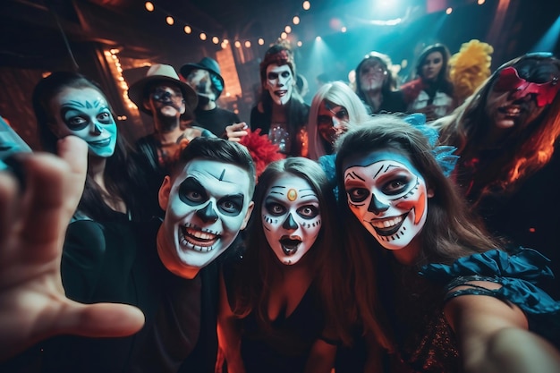 Młodzi ludzie w kostiumach świętują Halloween Grupa młodych szczęśliwych przyjaciół noszących kostiumy na Halloween bawiących się na imprezie w klubie nocnym, robiąc przerażające twarze Świętowanie Halloween