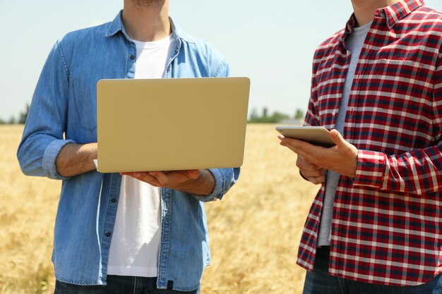 Zdjęcie młodzi mężczyźni z laptopem i tabletem w polu jęczmienia