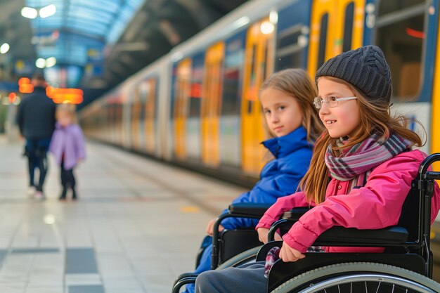 Młodzi niepełnosprawni na wózkach inwalidzkich czekający na wejście pociągu na stację