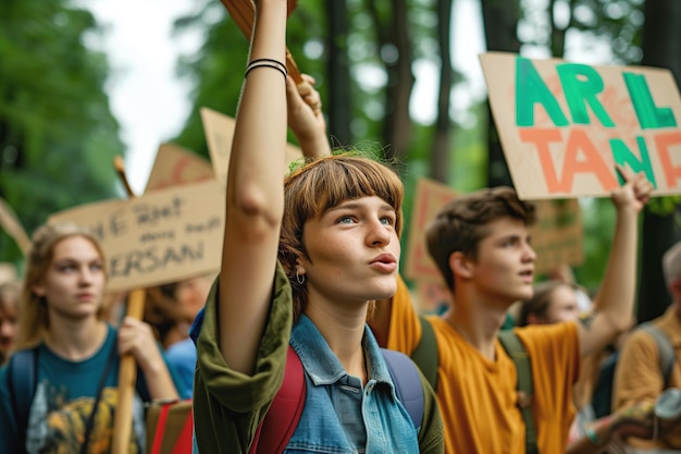 Młodzi protestujący z znakami na demonstracji na rzecz zmian klimatycznych w lesie