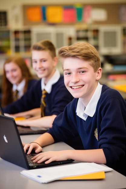 Młodzi radośni studenci pracujący na swoich laptopach w klasie stworzonej za pomocą generatywnej ai