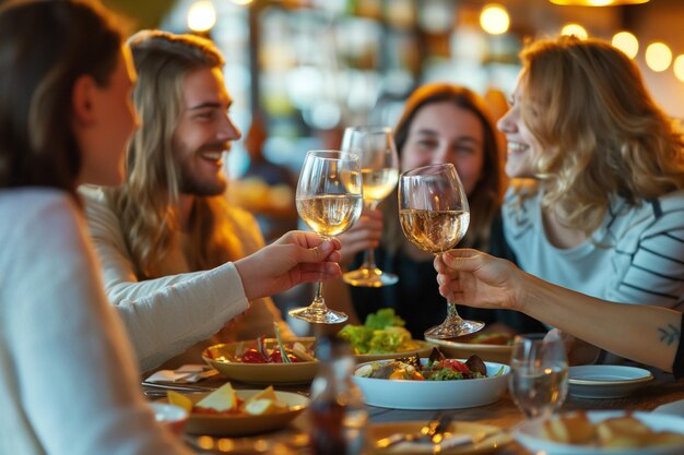 Młodzi uśmiechnięci przyjaciele podnoszą toasty w restauracji w pubie w happy hour z przekąskami szczęśliwi ludzie