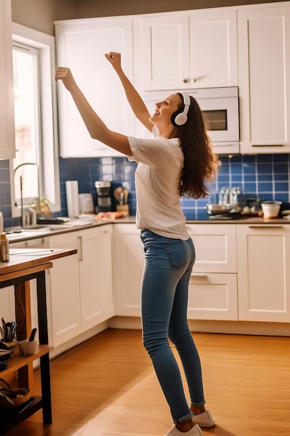 Młodzieńcza energia Wesoła dziewczyna tańczy w nowoczesnej kuchni