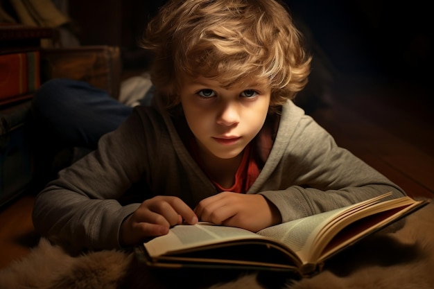 Młodzieniec zanurzony w książce na podłodze Generatywna sztuczna inteligencja