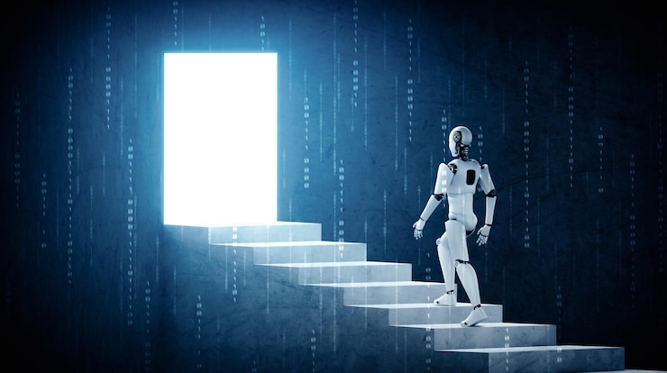 Zdjęcie mlp d renderowanie robota humanoida chodzi po schodach do sukcesu