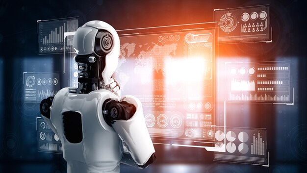 Mlp myślący robot humanoidalny analizujący hologram wyświetlający koncepcję dużych danych