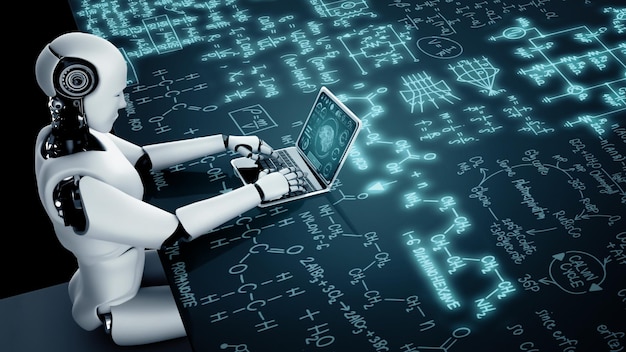 Mlp robot hominoid używa laptopa i siedzi przy stole do nauki inżynierii