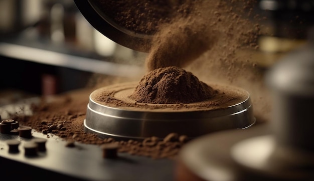 Młynek do kawy ze stosem proszku kakaowego wlewa się do niego.