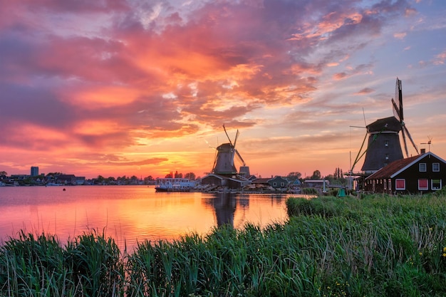 Młyny wiatrowe w Zaanse Schans w Holandii przy zachodzie słońca Zaandam Nether