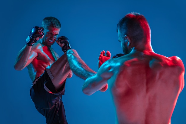 Zdjęcie mma. dwóch profesjonalnych bojowników wykrawania lub boksu na białym tle na niebieskim tle studio w neon. dopasuj umięśnionych sportowców rasy kaukaskiej lub walczących bokserów. sport, rywalizacja i ludzkie emocje, ad.
