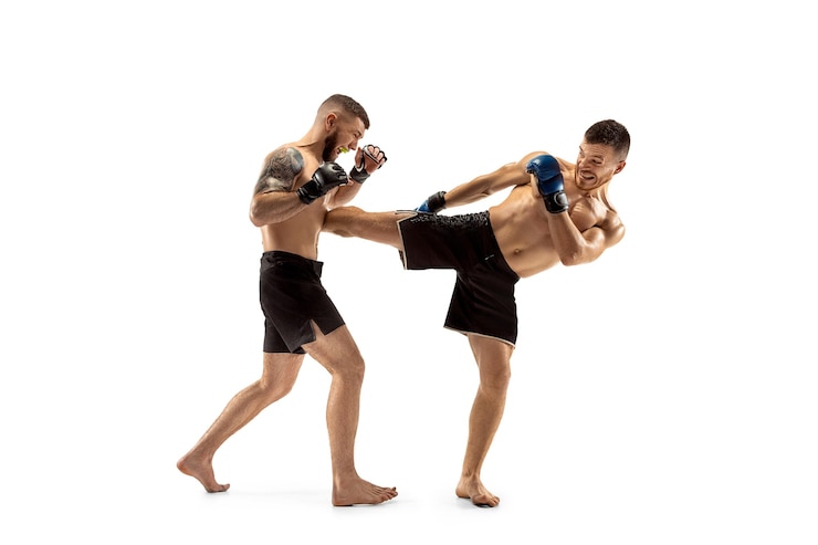 Zdjęcie mma dwóch profesjonalnych wojowników uderzających lub bokserskich na białym tle studia