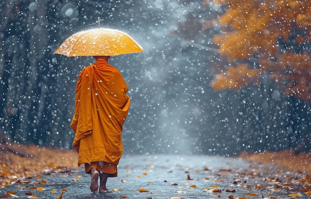 Mnich Buddy spacerujący po drodze w deszczu