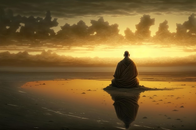 Mnich buddyjski medytujący nad spokojnym jeziorem o porannym wschodzie słońca