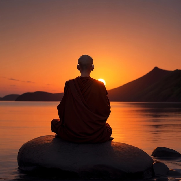 Mnich buddyjski medytuje na skale na tle zachodu słońca