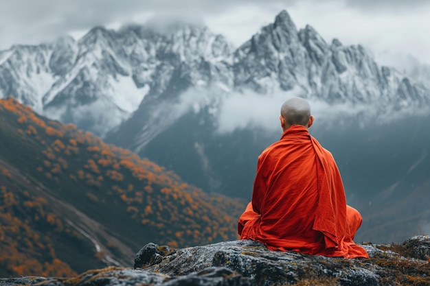 Mnich buddyjski medytuje, siedząc na skale w górach