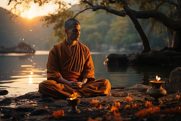 Mnich buddyjski w medytacji przy spokojnej rzece wygenerowany za pomocą sztucznej inteligencji