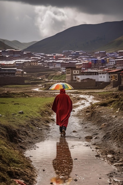 mnich idzie mokrą drogą z parasolem.