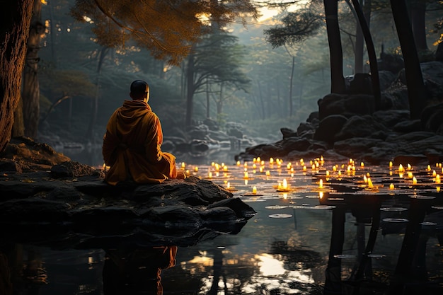 Zdjęcie mnich medytuje obok kręgu odblaskowej krawędzi jeziora w zmierzchu las generatywny ia