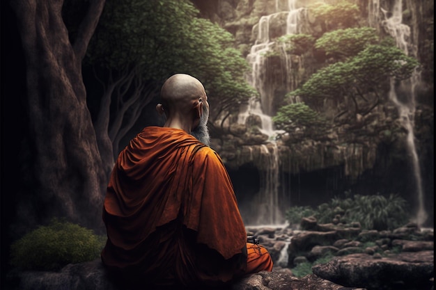 Mnich medytuje tło wodospadu natury
