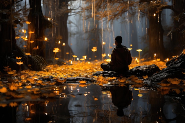 Mnich medytuje w Kryształowym Ogrodzie. Motyle tańczą generatywne IA