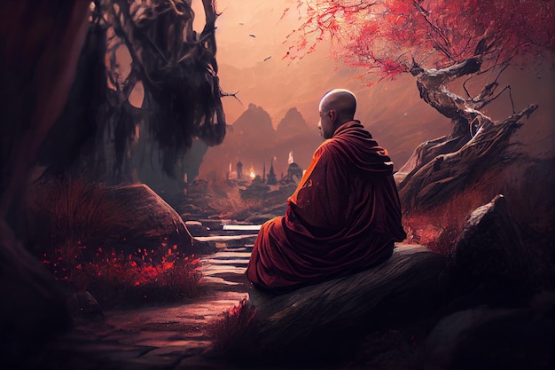 Mnich medytuje w tle naturygenerative ai