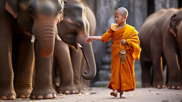 Mnich Robi Jałmużnę Z Młodym Słoniem