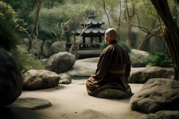 Mnich siedzi w świątyni z latarnią w tle.