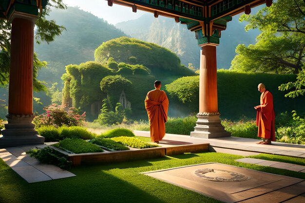 Mnich stoi w ogrodzie z dużą kolumną z napisem „buddyjski”.
