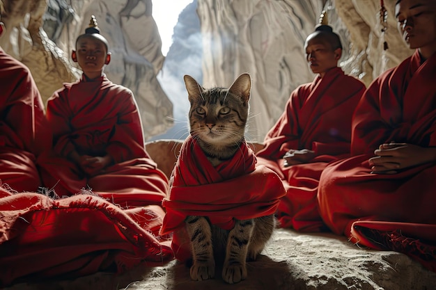 Mnichowie buddyjscy Koty w czerwonych szatach modlące się w świątyni górskiej Tybetańskie koty religijne
