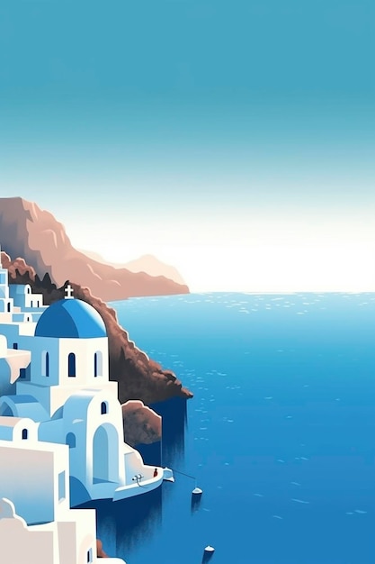 Mnimalistyczny płaski plakat ilustrujący wyspę Santorini w Grecji stworzony za pomocą generatywnej sztucznej inteligencji